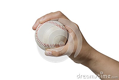 Close up hand holding a baseball on white background. Stock Photo