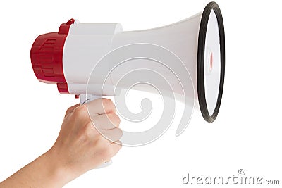 Close up of hand holding bullhorn Stock Photo