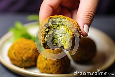 close up of hand holding a falafel ball, showing texture Stock Photo