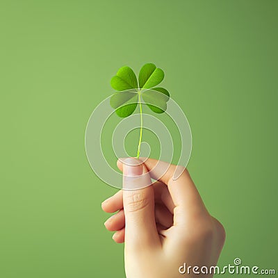Close-up of a hand holding a four-leaf clover against a green background Stock Photo