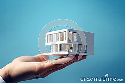 Close up of hand holding model house for represent to client, business idea concept, financial money management, building Stock Photo