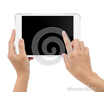 Close-up hand holding tablet isolated white background Stock Photo