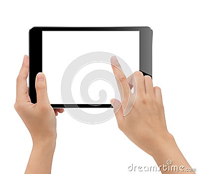 Close-up hand holding tablet isolated white background clipping Stock Photo