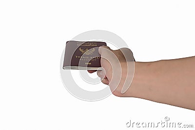 Close up hand holding Thailand passport isolated on white background, Travel concept Stock Photo