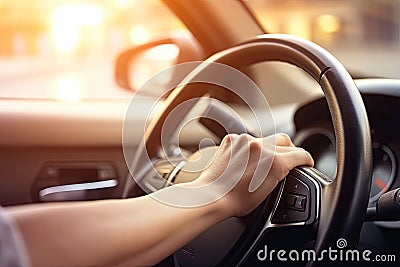 Close up hand holing or controlling steering wheel of car for driving, point of view inside car, on the highway road, with Stock Photo