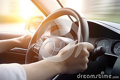 Close up hand holing or controlling steering wheel of car for driving, point of view inside car, on the highway road, with Stock Photo