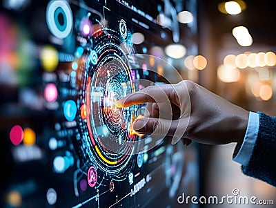 Close-up of hand interacting with futuristic digital touchscreen interface displaying data visualization and high tech innovation Stock Photo