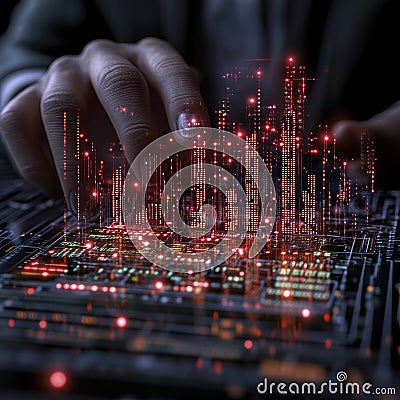 A close-up of a hand manipulating a futuristic digital interface, visualizing data through glowing red lights and circuitry Stock Photo