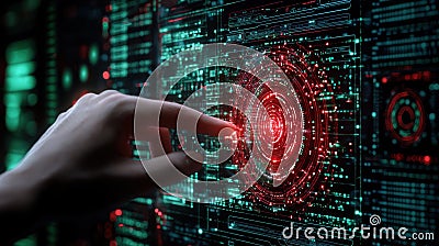 Close-up of a hand operating a digital data interface, with vibrant red and green elements, illustrating advanced technology and Stock Photo