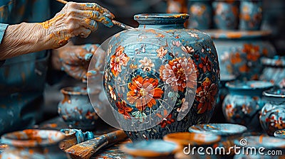 Close-up of a hand painting a ceramic vase showcasing craft Stock Photo