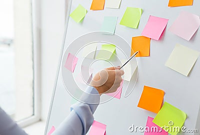 Close up of hand pointing to sticker on flip chart Stock Photo