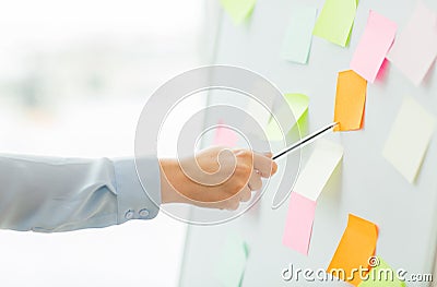 Close up of hand pointing to sticker on flip chart Stock Photo