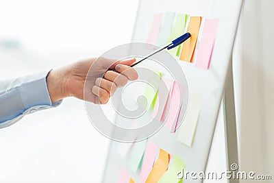 Close up of hand pointing to sticker on flip chart Stock Photo