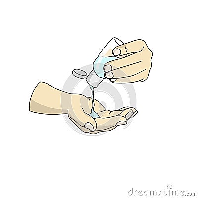 Close-up hand with sanitising hand gel to prevent Covid-19 virus vector illustration hand drawn isolated on white background Vector Illustration