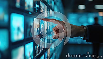 Close-up hand selects visual content from digital screen grid various images. Man interacts with media tech touch screen display, Stock Photo