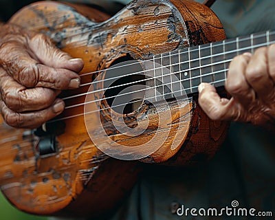 Close-up of a hand strumming a ukulele showcasing music Stock Photo