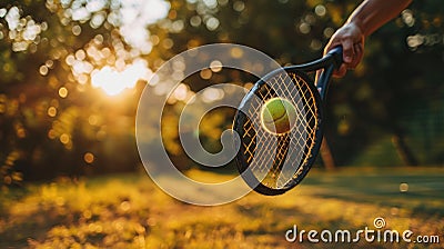close up of hand with tennis racket and tennisball on green summer grass field Stock Photo