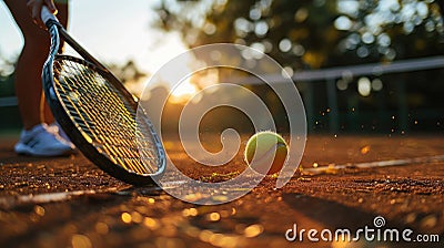 close up of hand with tennis racket and tennisball on green summer grass field Stock Photo