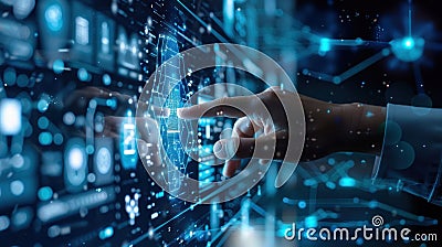 Close-up of a hand touching a high-tech, holographic digital interface, showcasing advanced technology, data visualization, and Stock Photo