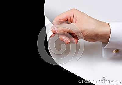 Close up hand turn white page. Turning the page from white to bl Stock Photo