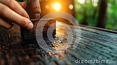 Close-up of a hand using a letterpress tool to create a custom design on textured paper in a workshop showcasing craftsmanship Stock Photo