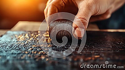 Close-up of a hand rolling a tool on a textured surface creating a custom print design with traditional paper goods technique Stock Photo