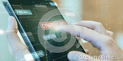 Close up of hand using tablet with glowing hacking hologram and binary code lines on blurry background. Cybersecurity, firewall, Stock Photo