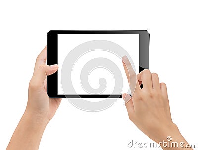 close-up hand using tablet isolated on white clipping path inside, mock-up digital black tablet Stock Photo