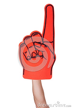 Close-up Of Hand Wearing Foam Finger Stock Photo