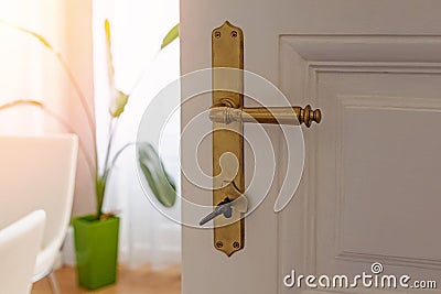 Close-up of handle of half- open vintahe door in the room Stock Photo