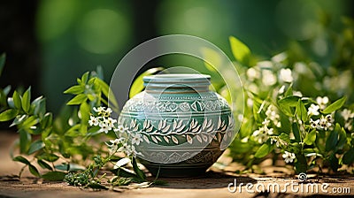 A close-up of a handmade ceramic pottery piece with intricate designs and glazes. Stock Photo