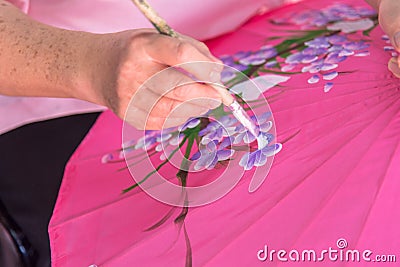 Close up handmade painting flower on Umbrella Stock Photo