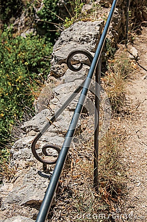 Close-up of the handrail staircase to the Notre-Dame de Beauvoir church. Stock Photo