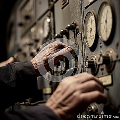 A close-up of hands adjusting dials and switches on a high-tech control panel Stock Photo