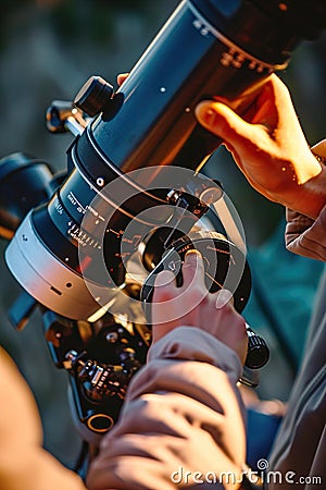 Close-up of hands adjusting telescope settings for observation Stock Photo