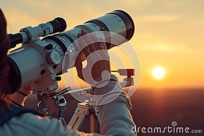 Close-up of hands adjusting telescope settings for observation Stock Photo