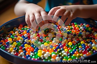 close-up of the hands of a child playing with multi-colored sensory balls generative ai Stock Photo