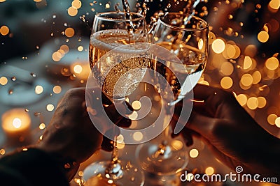 Close up of hands clinking glasses of sparkling wine with bokeh background Stock Photo