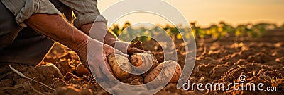 Close-up of a hands gently lifting a potato from the soil, capturing the moment of harvest and the earthy texture of the potatoes Stock Photo