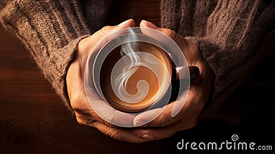 Close up of hands holding steaming hot drink coffee or hot chocolate in a coffee mug Stock Photo