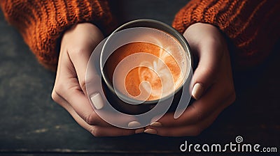 Close up of hands holding steaming hot drink coffee or hot chocolate in a coffee mug Stock Photo