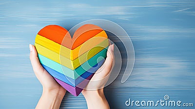 Close-up of hands holding a wood heart mading in the colors of the LGBT flag on blue background. Love and Relationships concept. Stock Photo