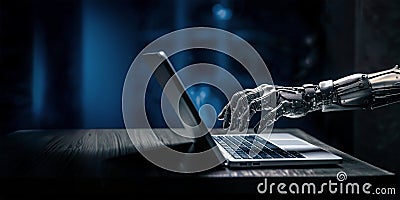 Close up of hands of a humanoid artificial intelligence typing on a laptop keyboard, generative AI working Stock Photo