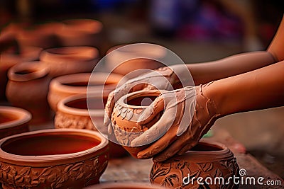 Close-up of hands making clay pots Stock Photo