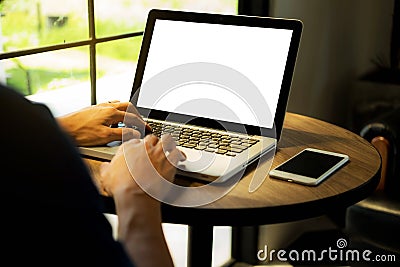 Close up hands man using laptop . Stock Photo