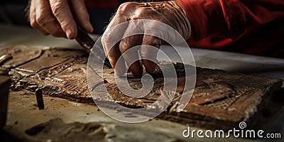 Close-up of hands meticulously restoring a damaged ancient artifact , concept of Conservation Stock Photo