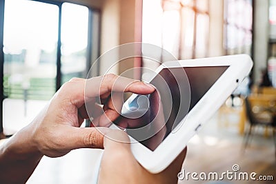 close up hands multitasking man using tablet, laptop and cellphone connecting wifi Stock Photo