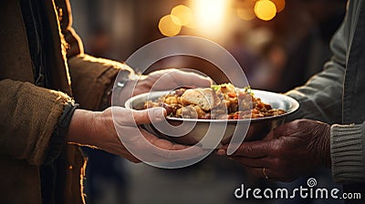 Close-up of hands offering a warm meal to a homeless person Stock Photo