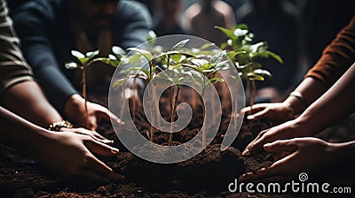 Close-up of hands planting small tree in fertile soil, nurturing growth, eco-awareness concept Stock Photo