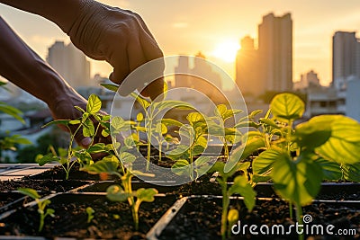 Close-up of hands planting young green seedlings in urban garden beds with a cityscape sunrise in the background. Stock Photo